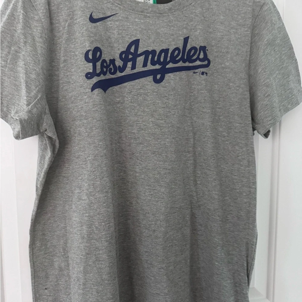 Nike Gray T-Shirt with Navy Los Angeles Script and Swoosh Dodger Fred Freeman